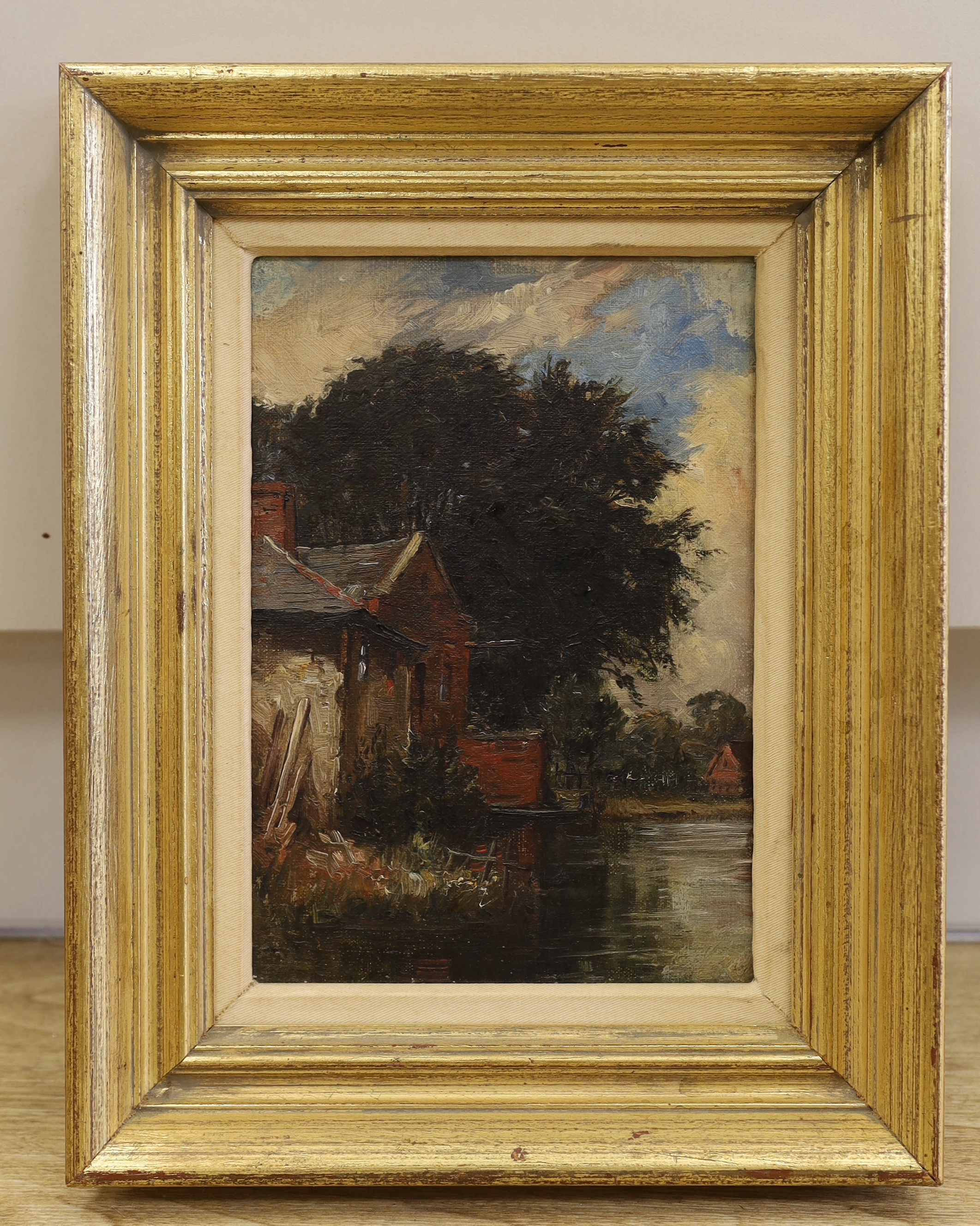 Charles Mayes Wigg (1889-1969) oil on canvas, Riverside house, inscribed verso, 25 x 17cm